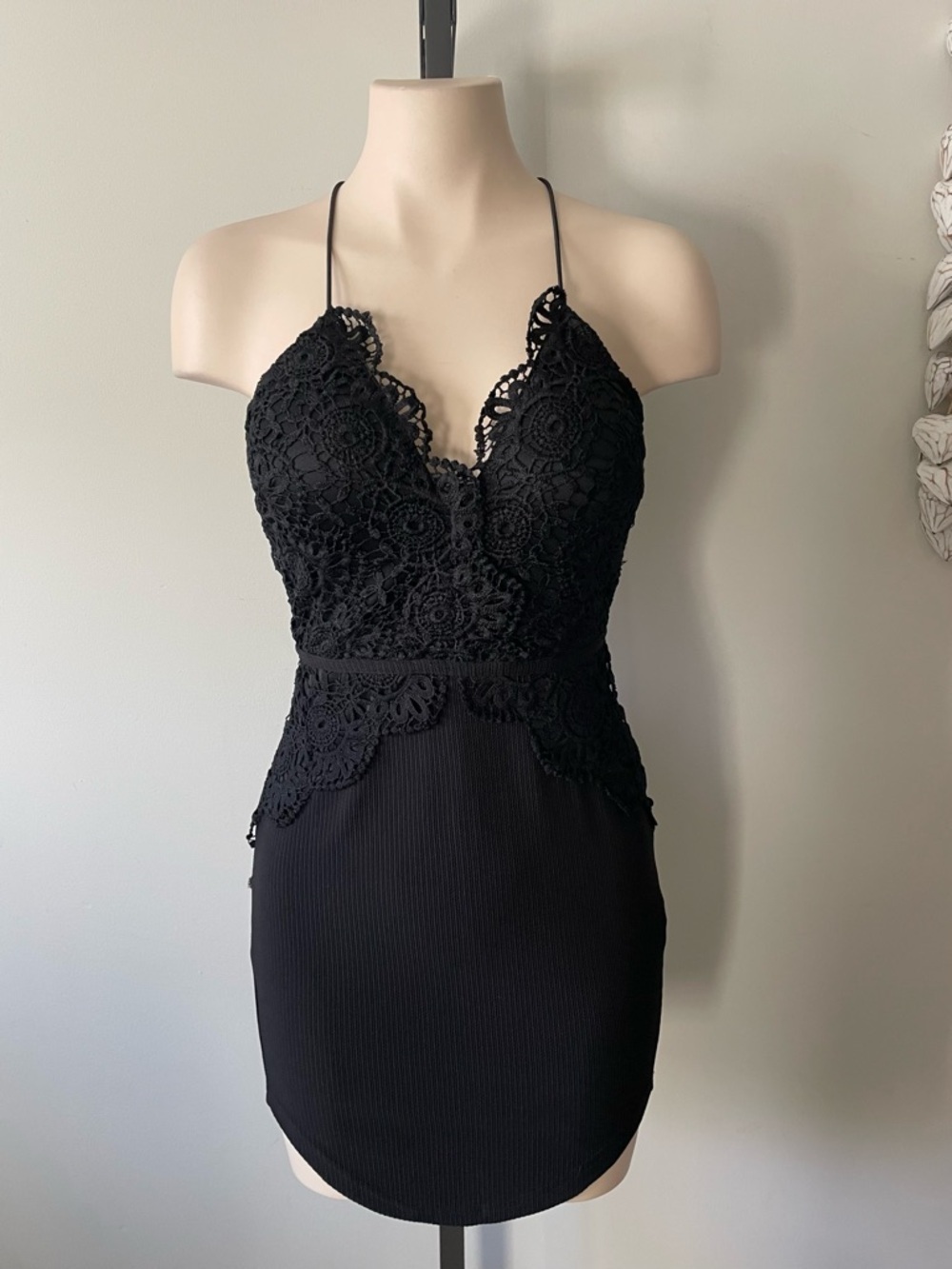 Angel Biba Crochet Lace Mini Little Black Dress Boho Goth Micro Ribbed Party